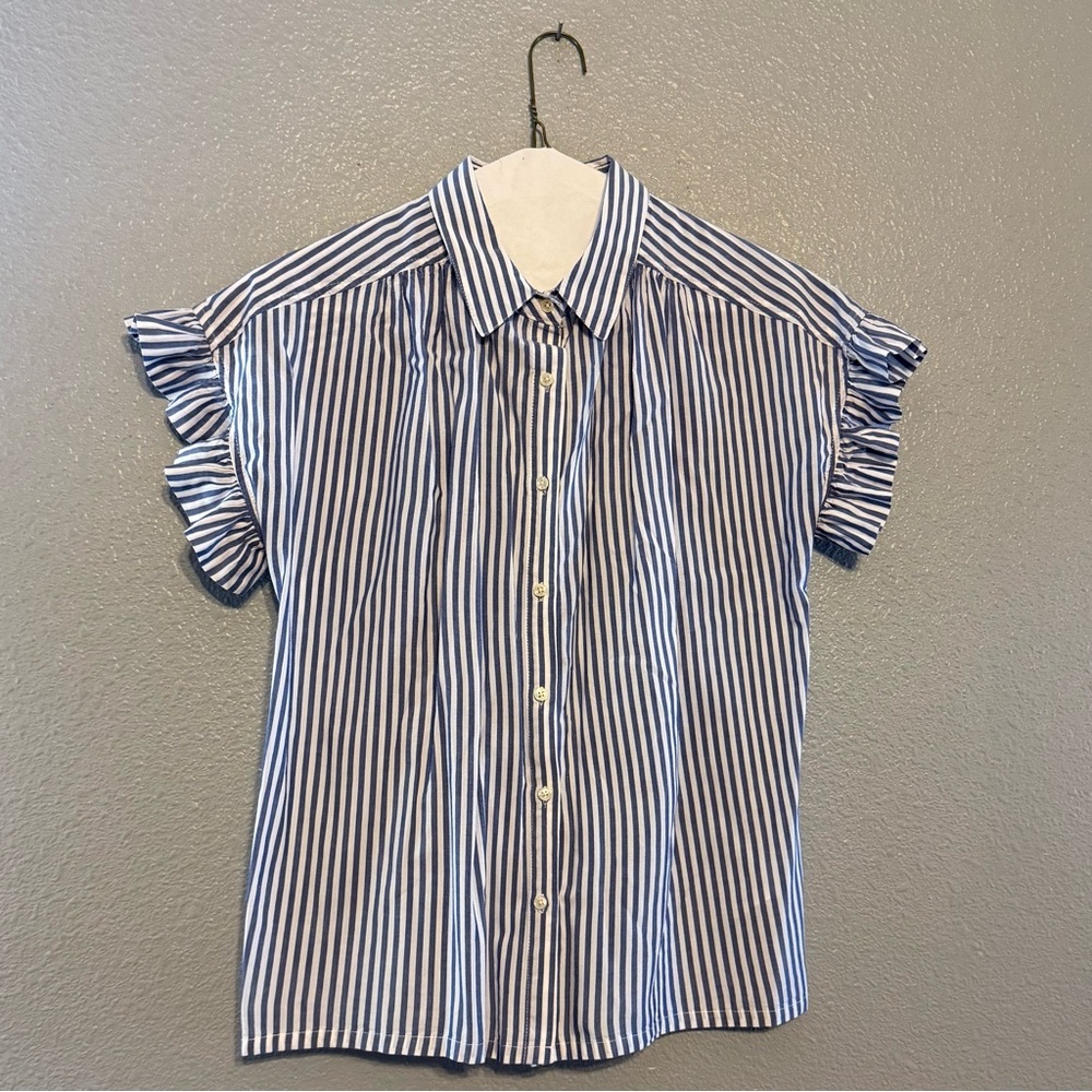 Blue and White Striped Button-Up Blouse